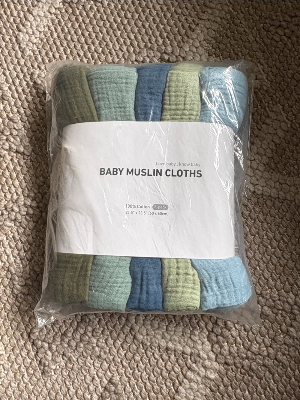 Baby Muslin Cloths - Pack of 5 - Blue, Green, Aqua Colors